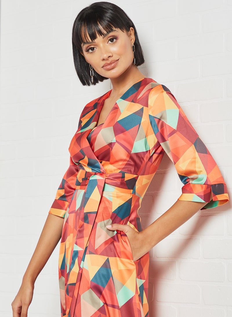 Geometrical Print Wrap Dress Orange