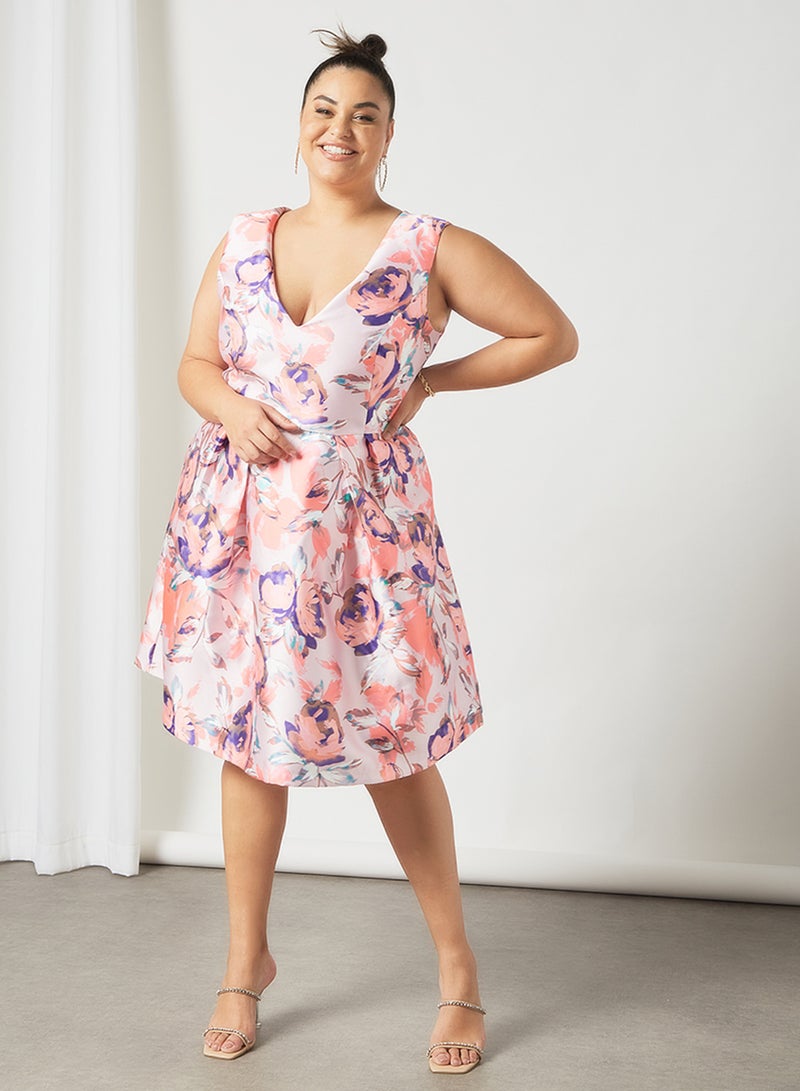 Plus Size Floral Print A-Line Dress Pink