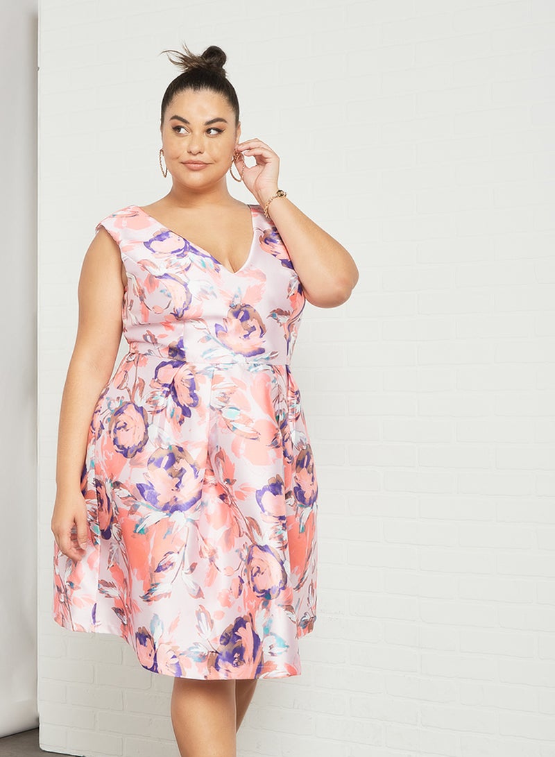 Plus Size Floral Print A-Line Dress Pink