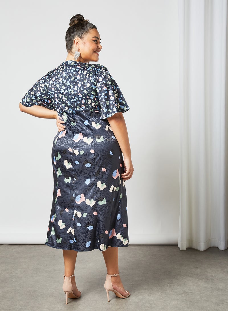 Plus Size Abstract Print Midi Dress Navy