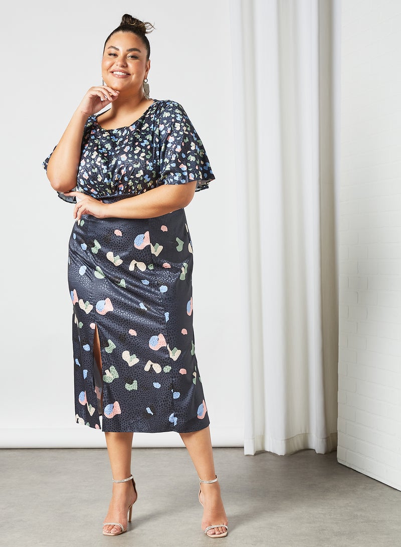 Plus Size Abstract Print Midi Dress Navy