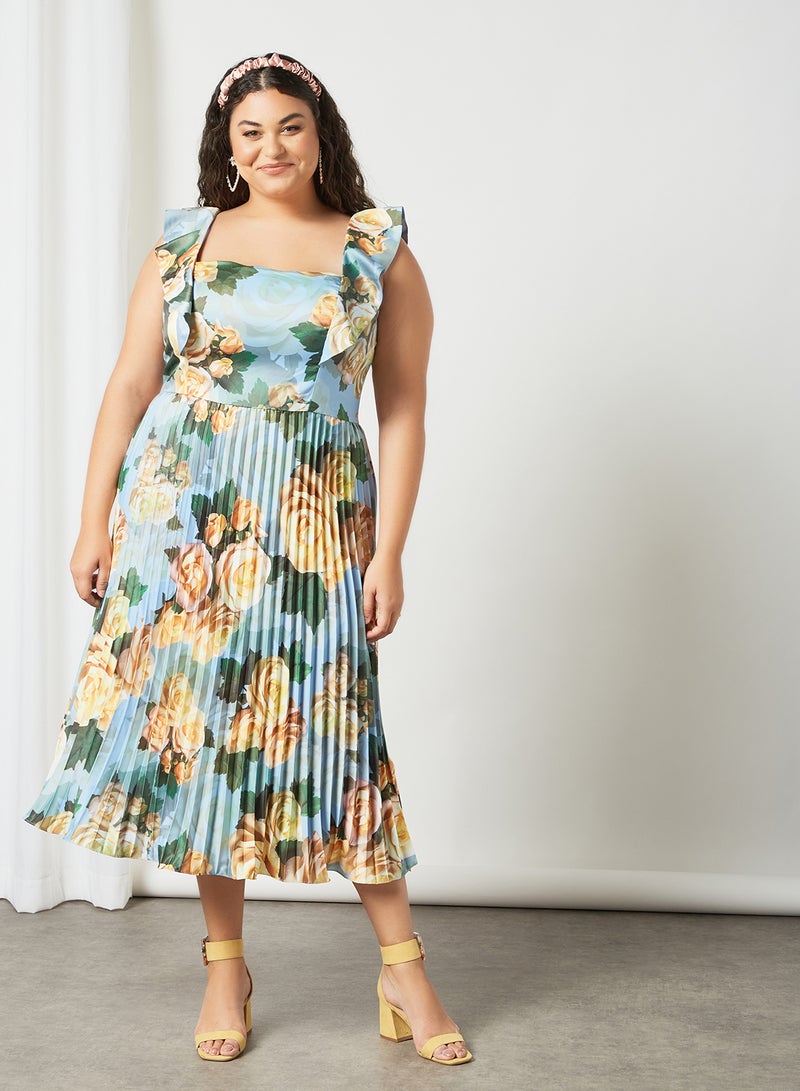 Plus Size Floral Print Dress Blue