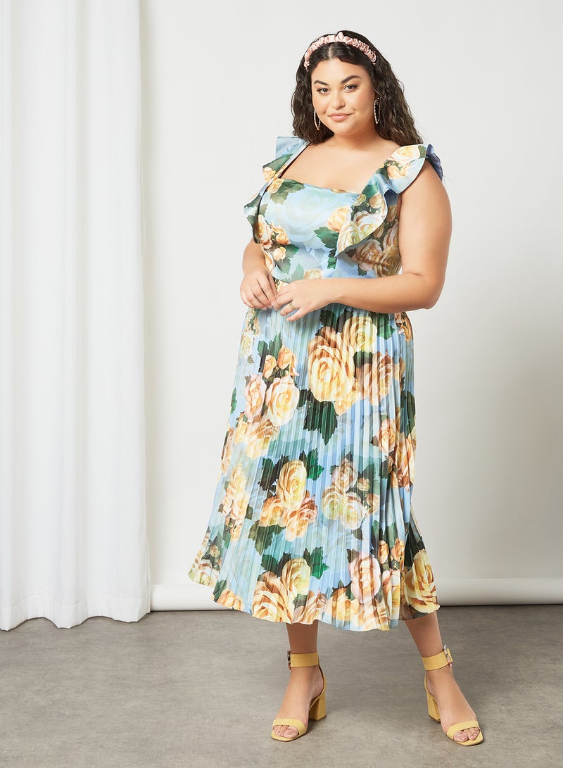 Plus Size Floral Print Dress Blue