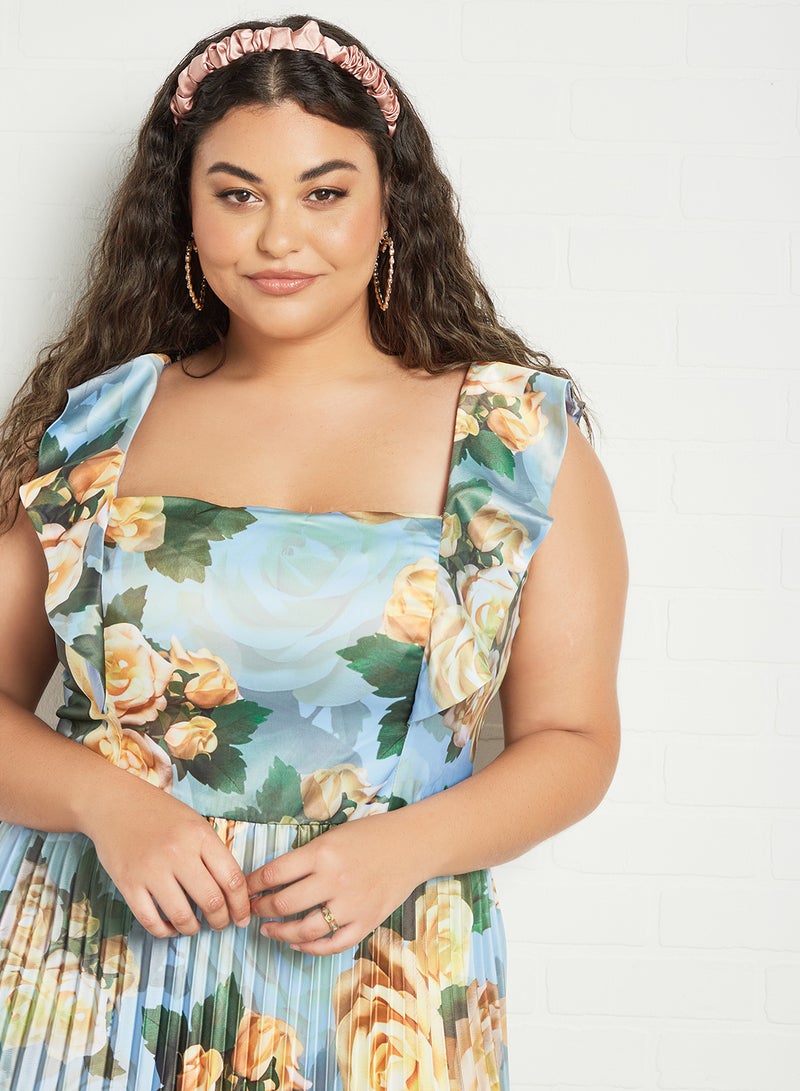 Plus Size Floral Print Dress Blue