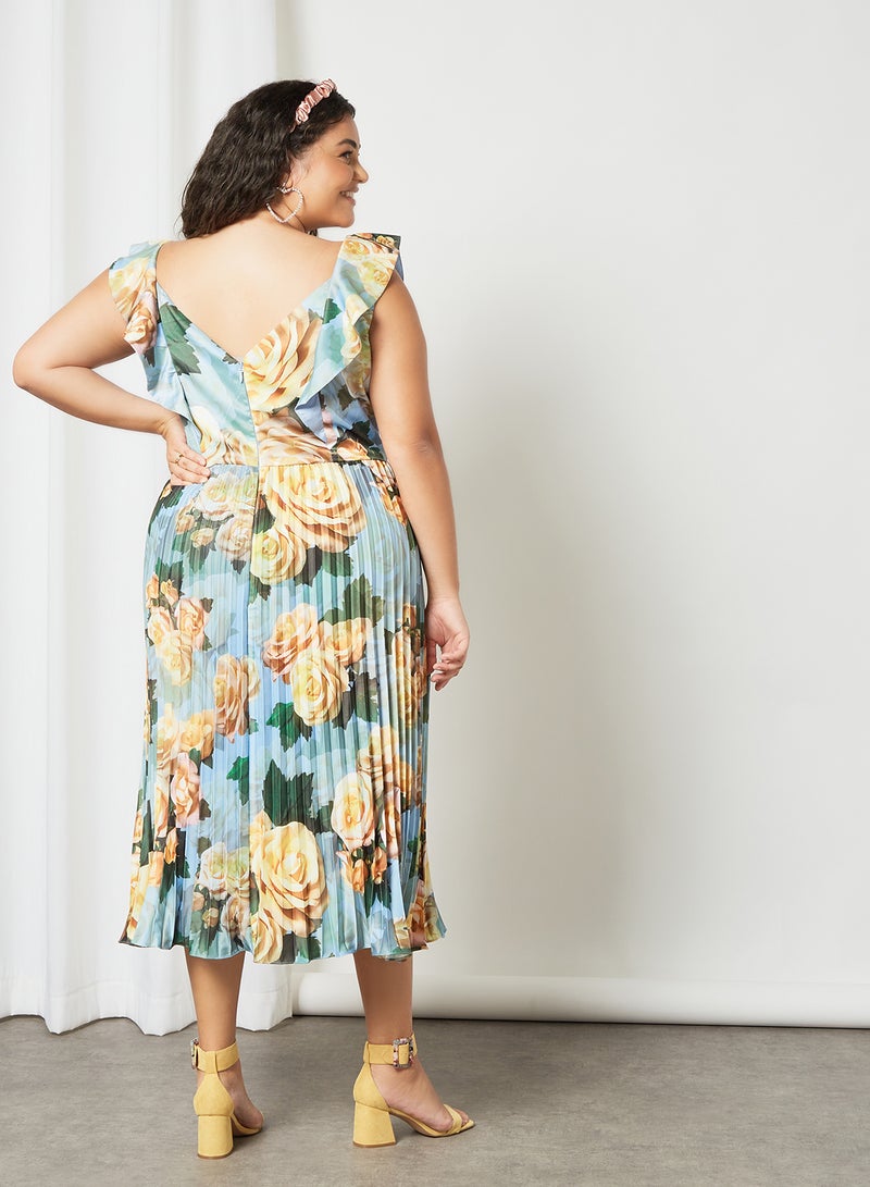 Plus Size Floral Print Dress Blue