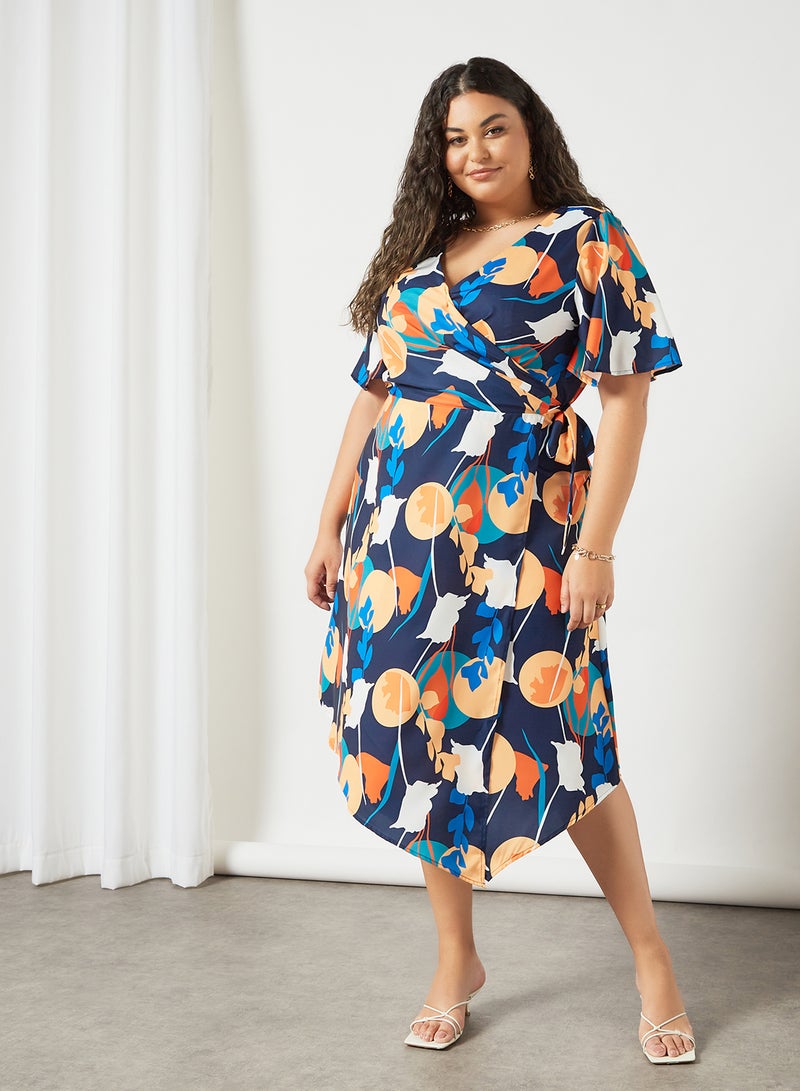 Plus Size Abstract Print Wrap Dress Navy