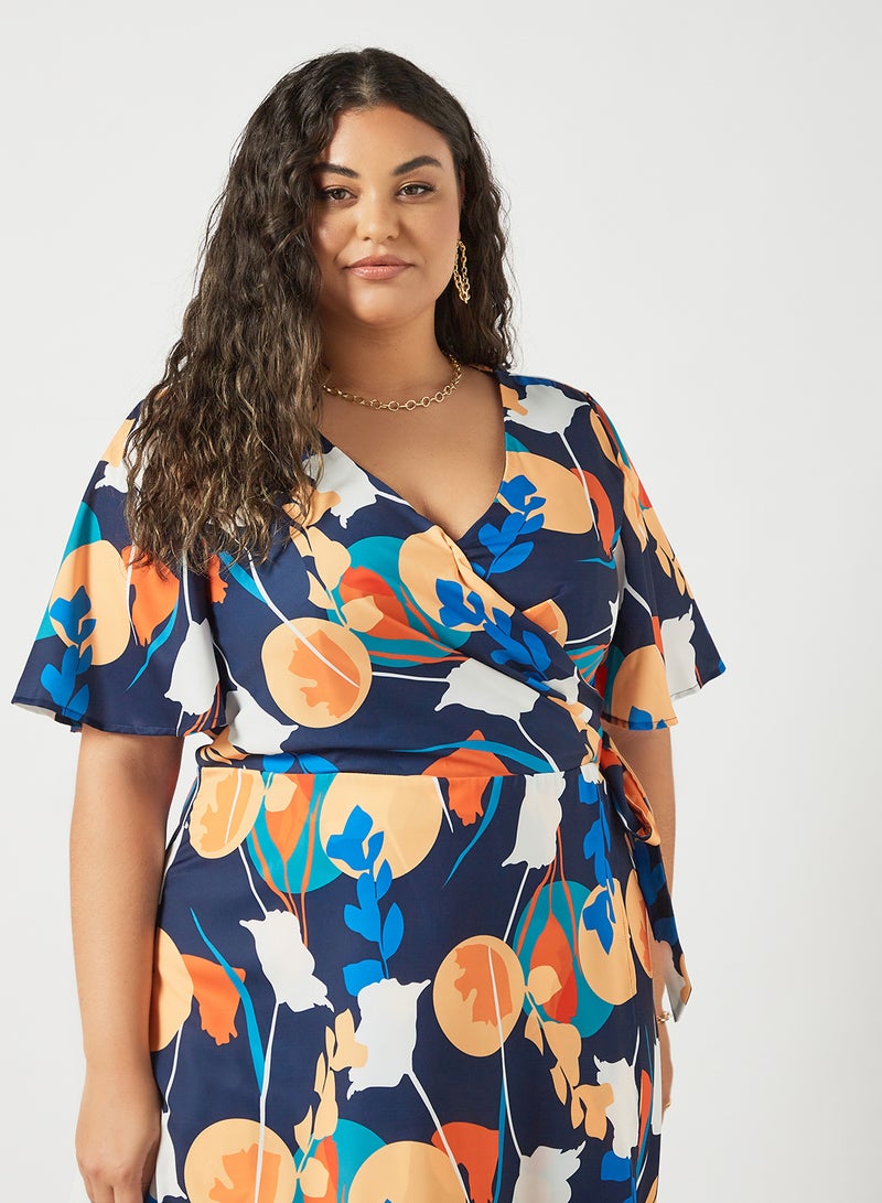 Plus Size Abstract Print Wrap Dress Navy