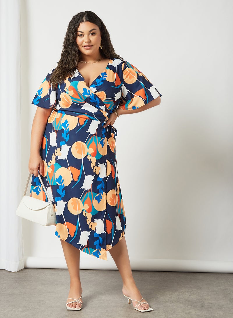 Plus Size Abstract Print Wrap Dress Navy