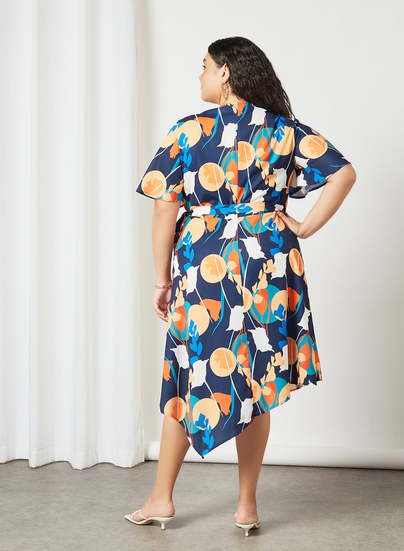 Plus Size Abstract Print Wrap Dress Navy