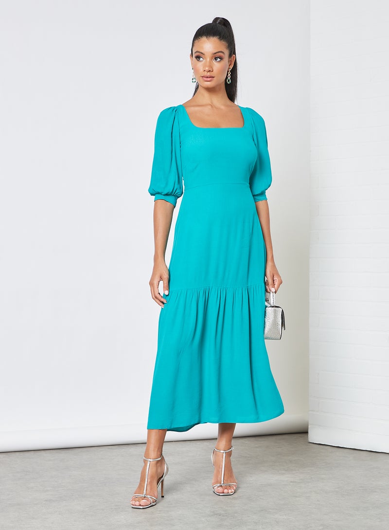 Gathered Detail A-Line Dress Turquoise