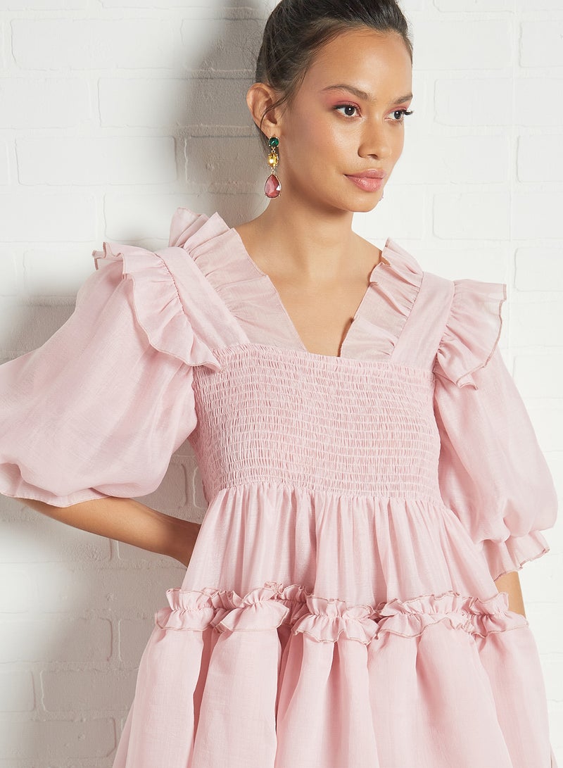 Puff Sleeve Smocked Dress Pink