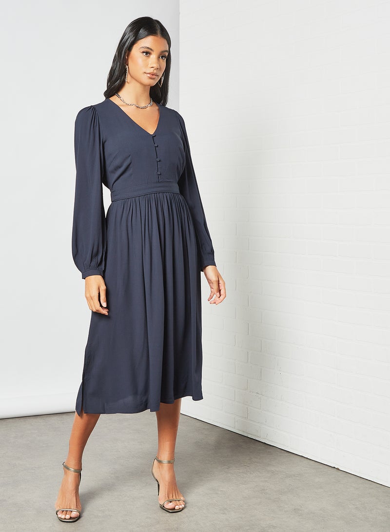 V-Neck Pleated Dress Sky Captain