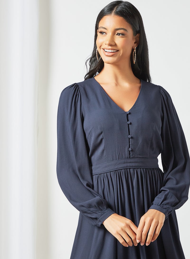 V-Neck Pleated Dress Sky Captain