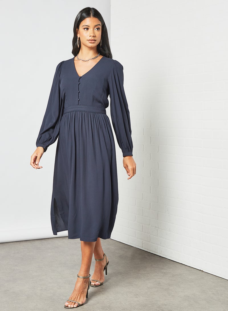 V-Neck Pleated Dress Sky Captain