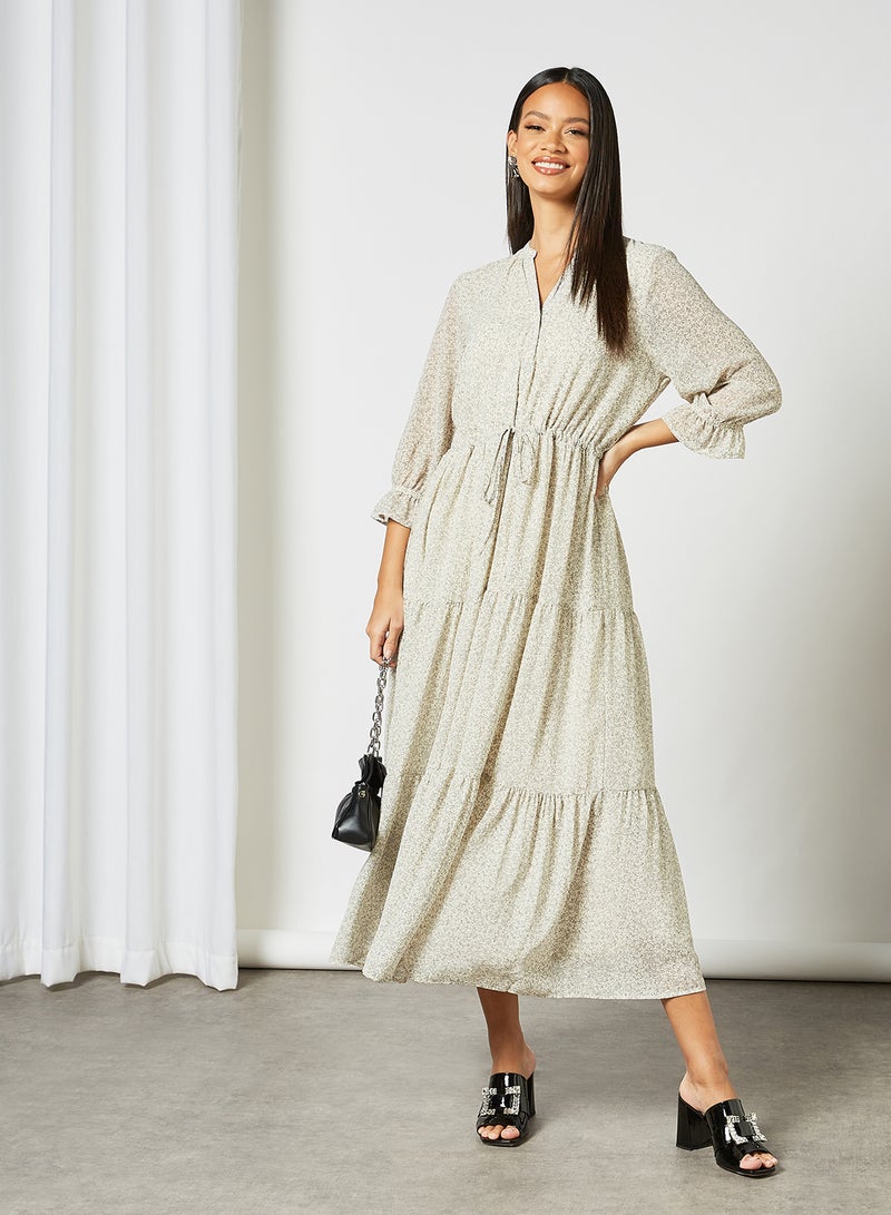 Ditsy Print Midi Dress Off White