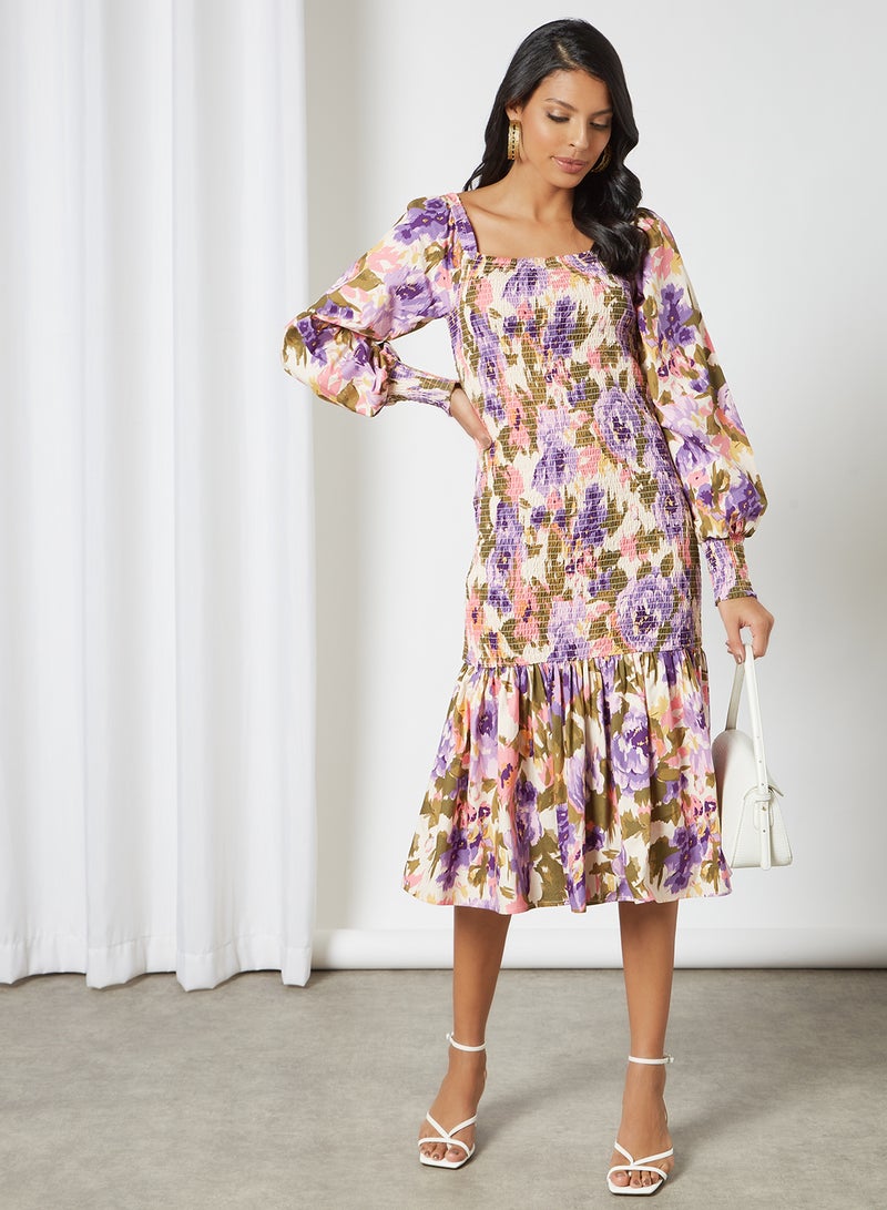 Shirred Midi Dress Multicolour