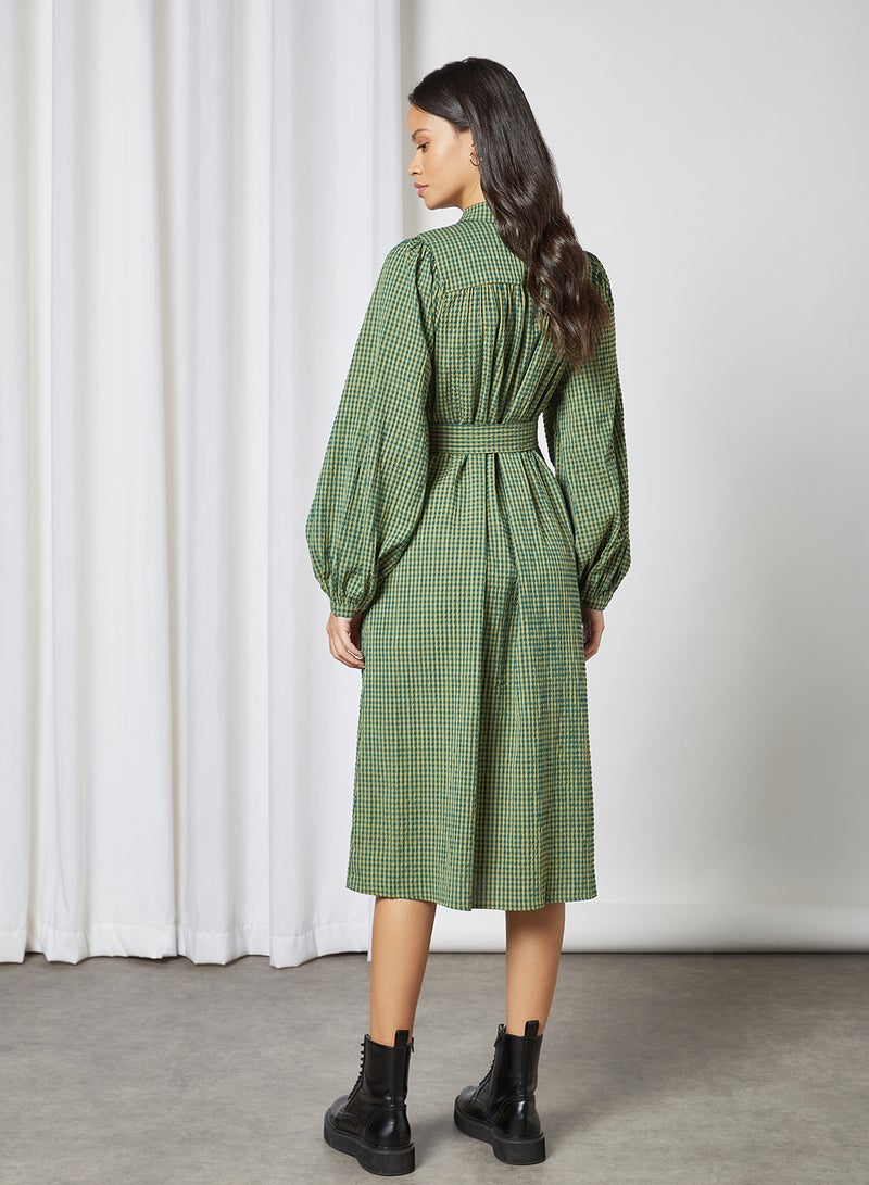 Checkered Belted Midi Dress Hunter Green