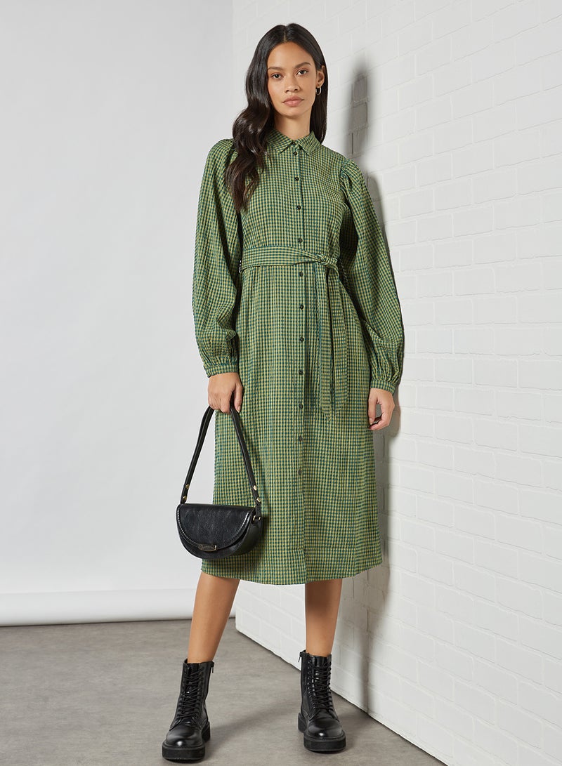 Checkered Belted Midi Dress Hunter Green