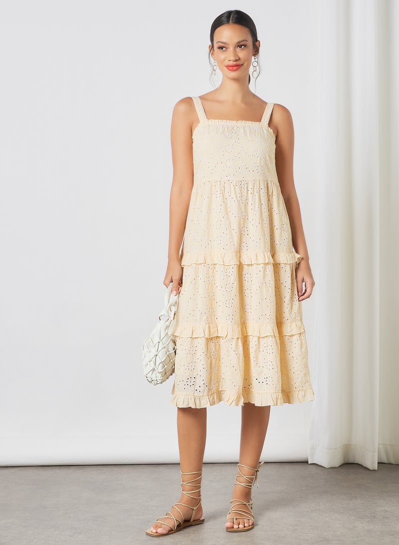 Ruffled Broderie Midi Dress Eggnog/Mariwgold