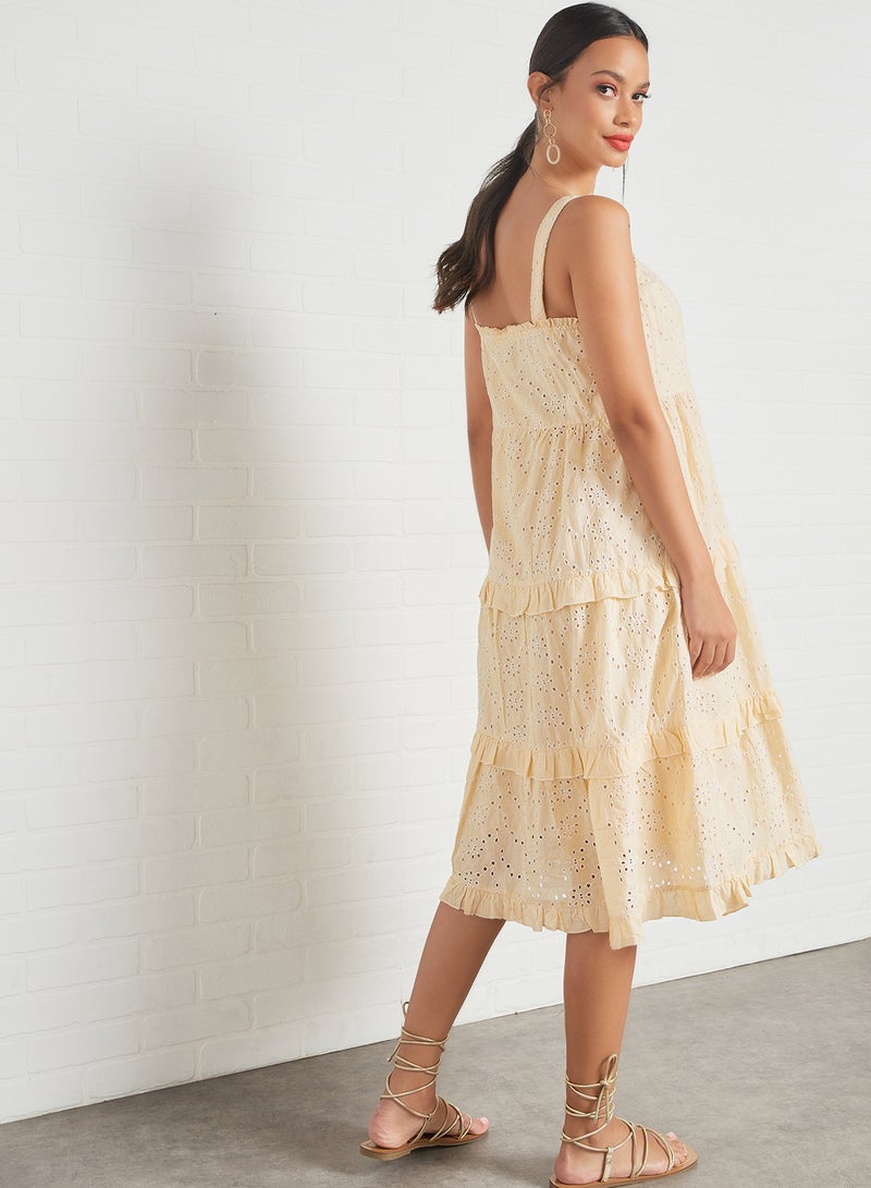 Ruffled Broderie Midi Dress Eggnog/Mariwgold