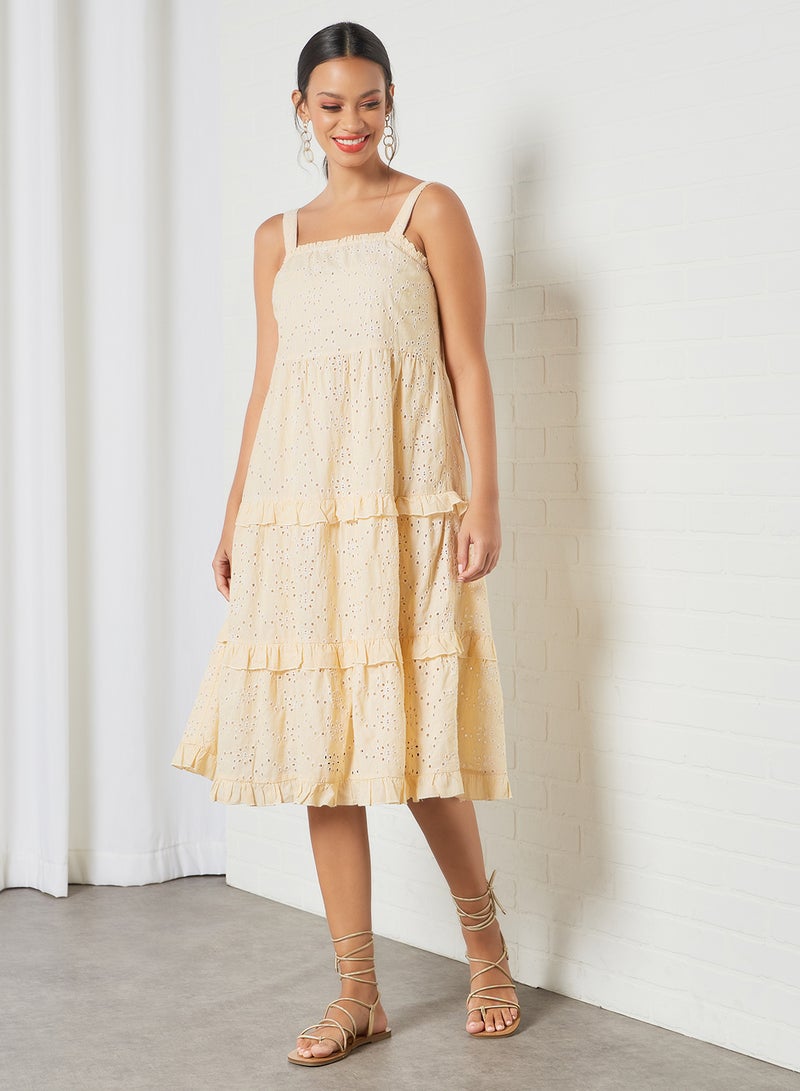 Ruffled Broderie Midi Dress Eggnog/Mariwgold