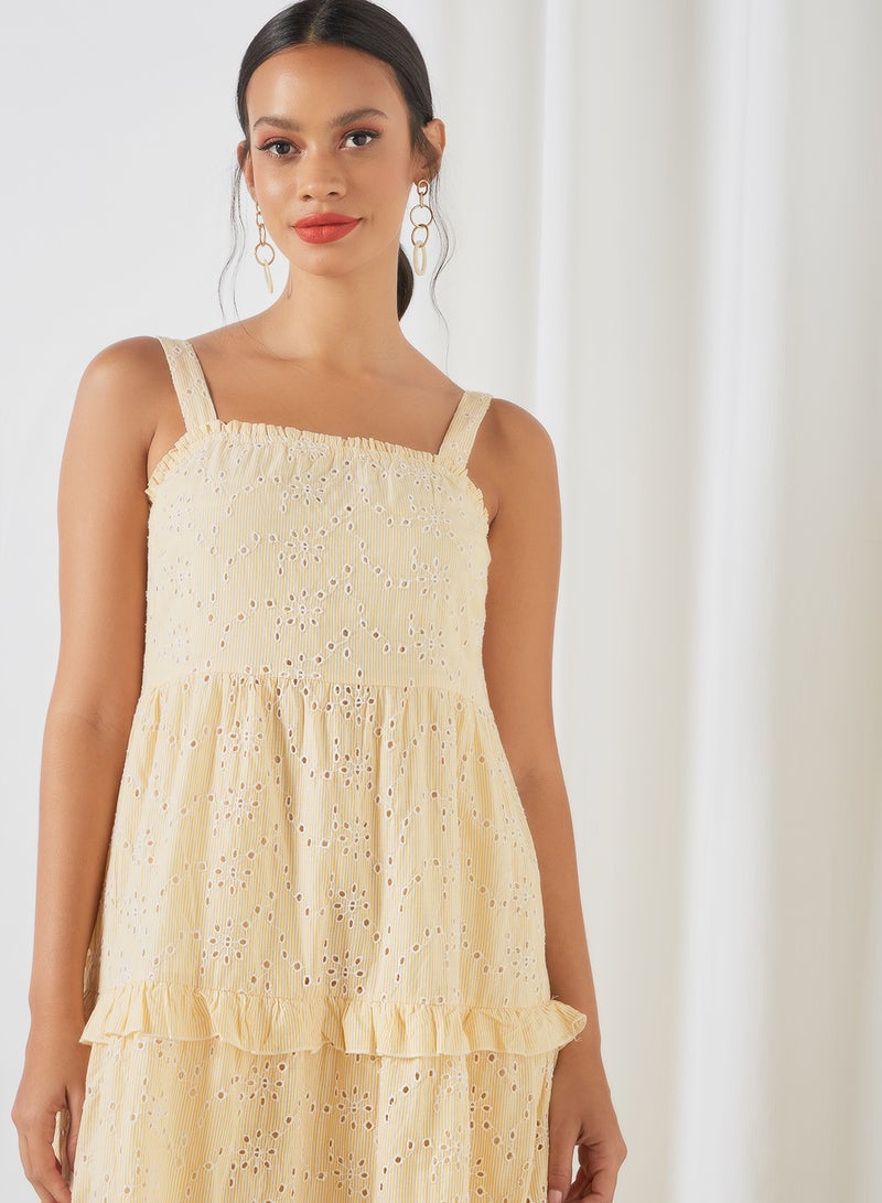 Ruffled Broderie Midi Dress Eggnog/Mariwgold