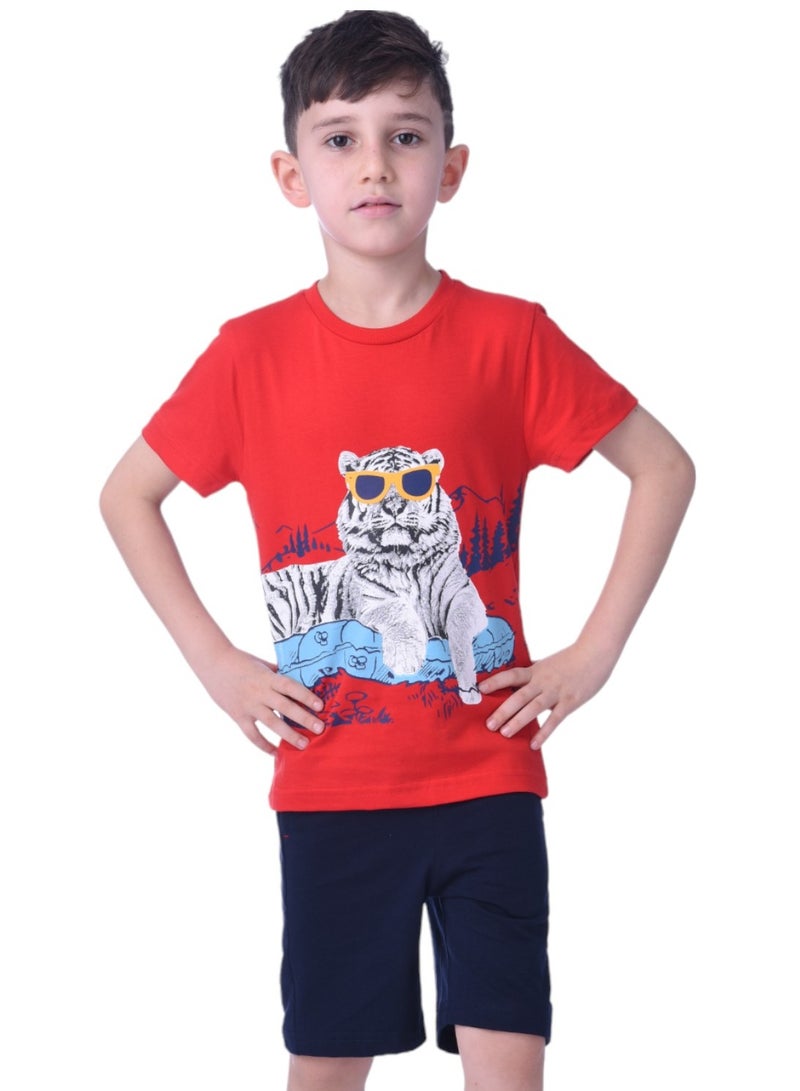 2pc-Set - Tiger T-shirt & Shorts-Red/Navy