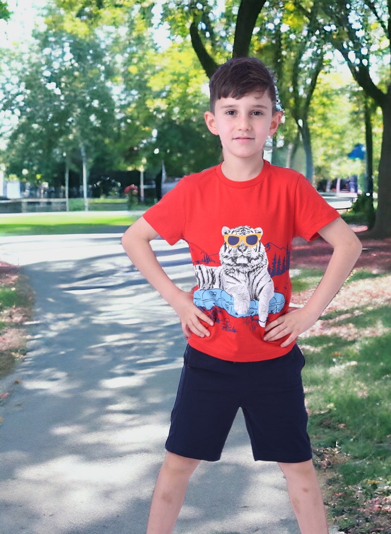 2pc-Set - Tiger T-shirt & Shorts-Red/Navy