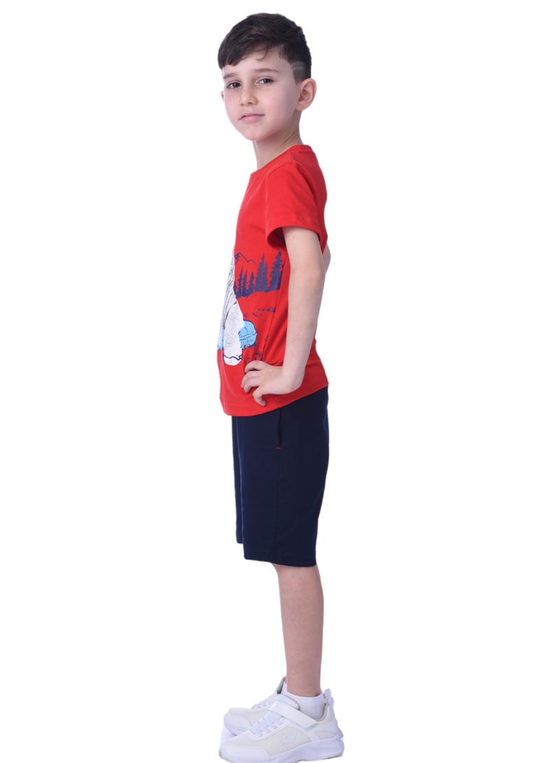 2pc-Set - Tiger T-shirt & Shorts-Red/Navy