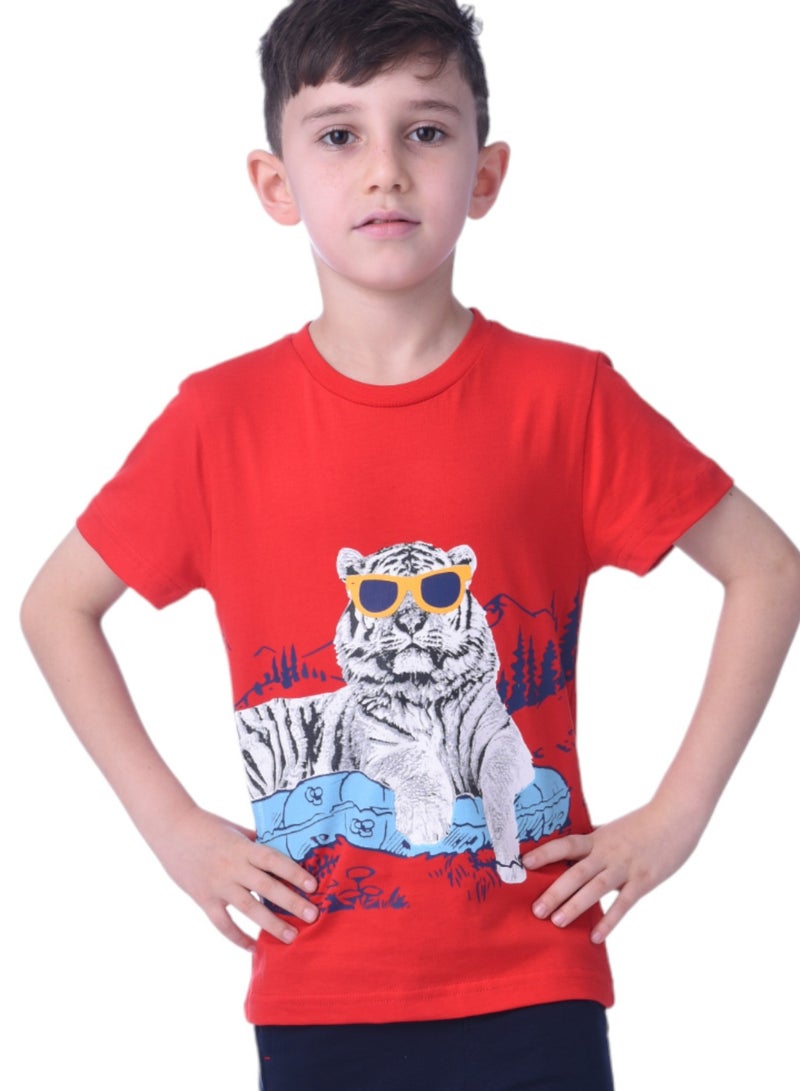 2pc-Set - Tiger T-shirt & Shorts-Red/Navy