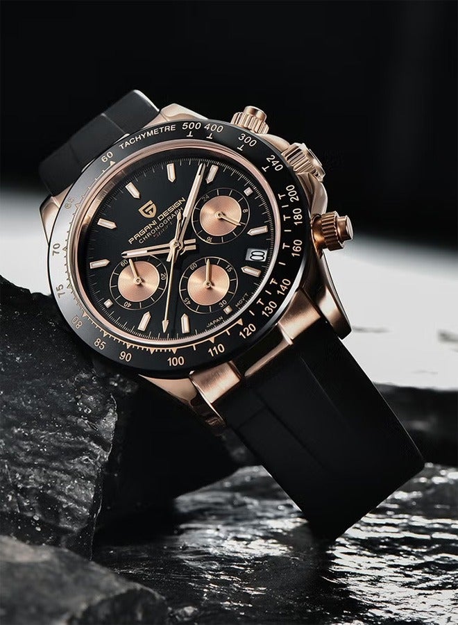 Men's Quartz Stainless Steel Chronograph Watch, Waterproof Watch, PD1664 Gold Black Dial, Black Strap