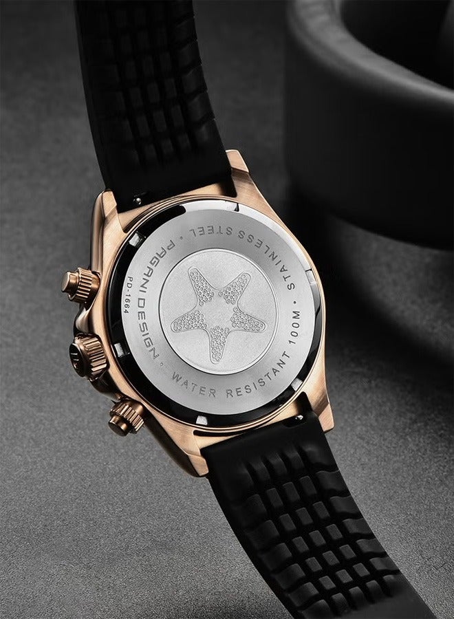 Men's Quartz Stainless Steel Chronograph Watch, Waterproof Watch, PD1664 Gold Black Dial, Black Strap