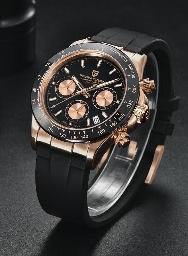 Men's Quartz Stainless Steel Chronograph Watch, Waterproof Watch, PD1664 Gold Black Dial, Black Strap