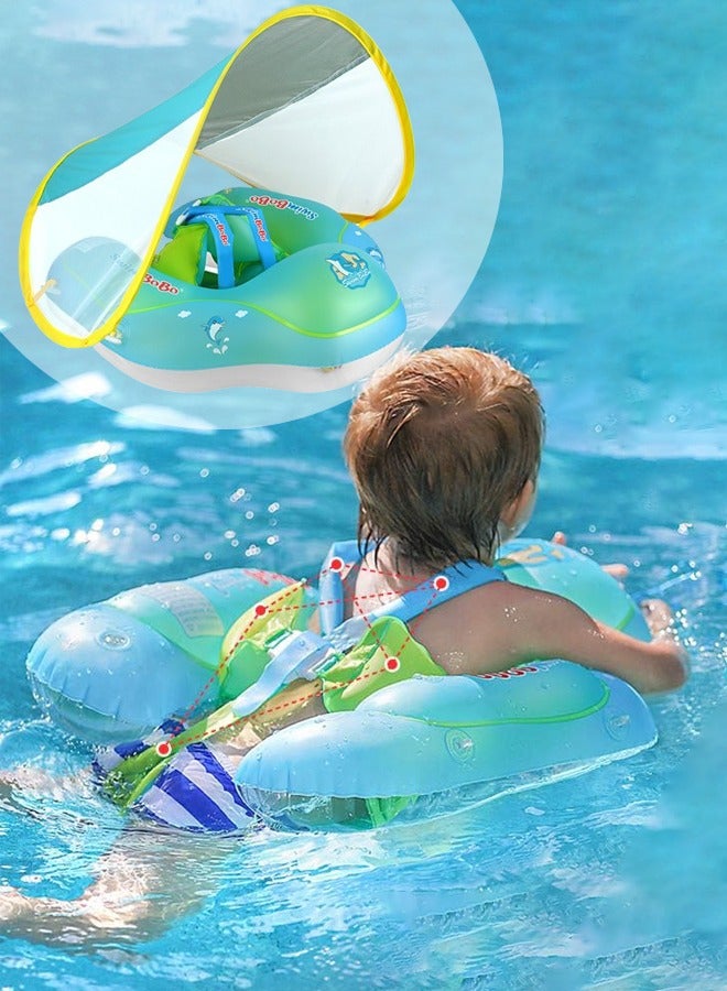 Baby Swimming Inflatable Float with Sun Protection Canopy Children Waist Ring Pool Floats add Tail no flip Over Swim Trainer for Infants Swimming Buoy (Green Swimming Ring)