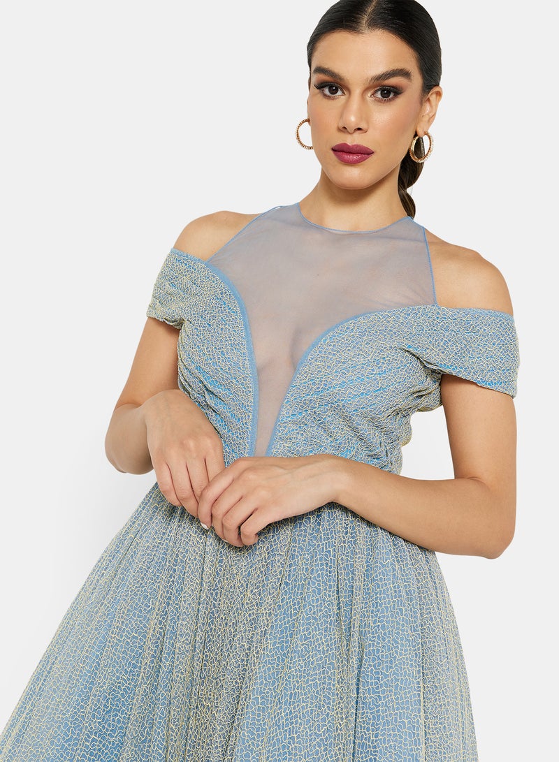 Cold Shoulder Layered Midi Dress Blue