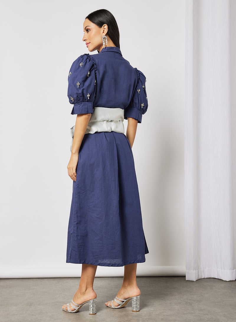 Contrast Belt Embellished Sleeve Midi Dress Navy