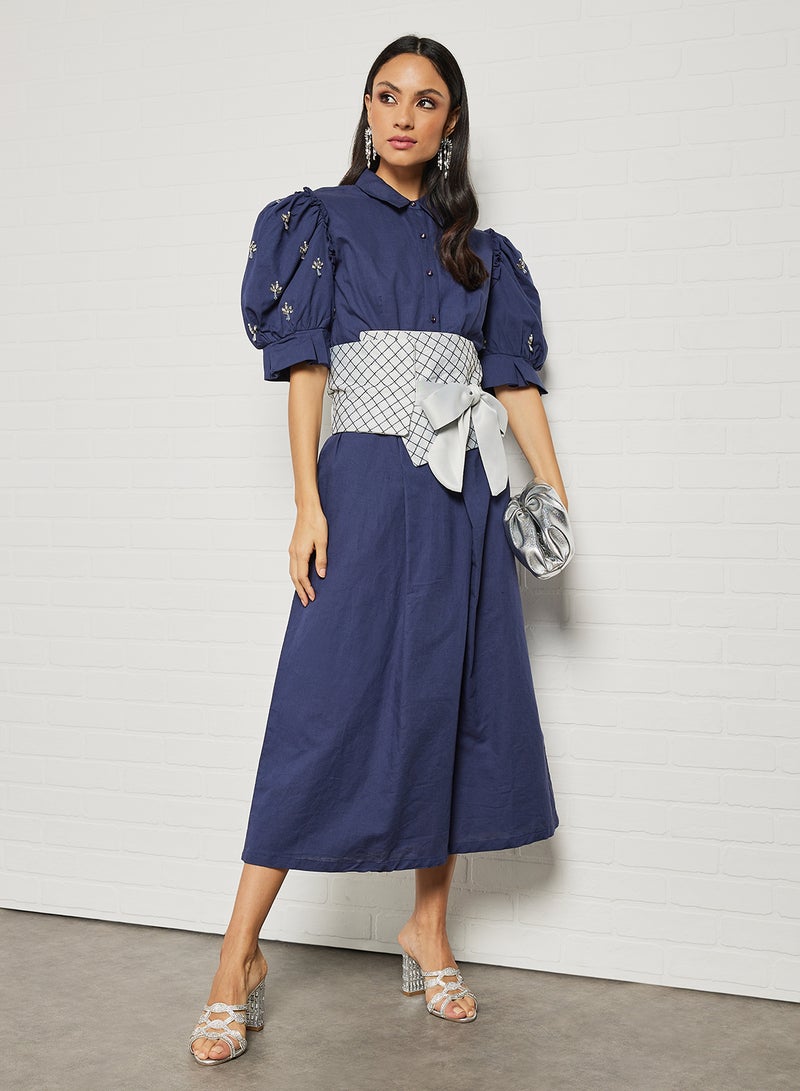 Contrast Belt Embellished Sleeve Midi Dress Navy