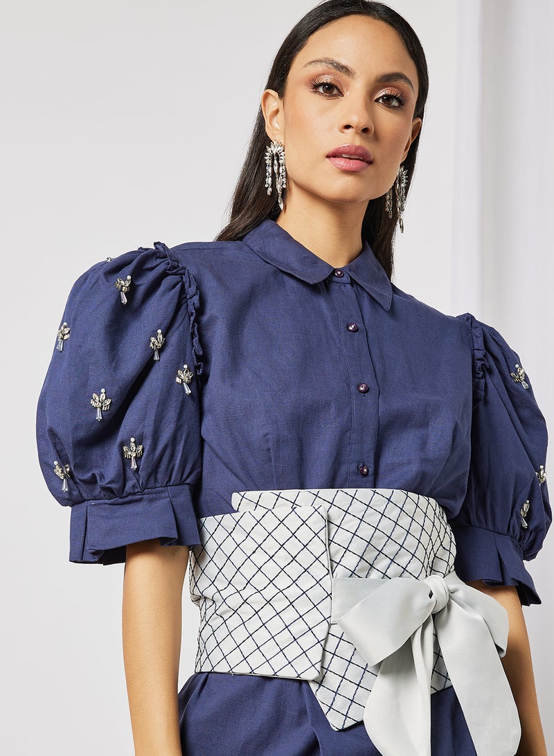 Contrast Belt Embellished Sleeve Midi Dress Navy