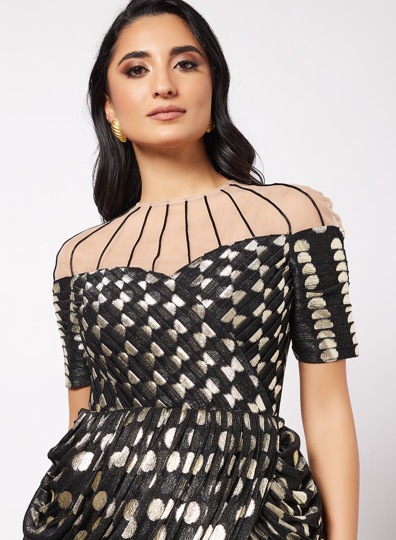 Polka Print Overlap Mesh Dress Black