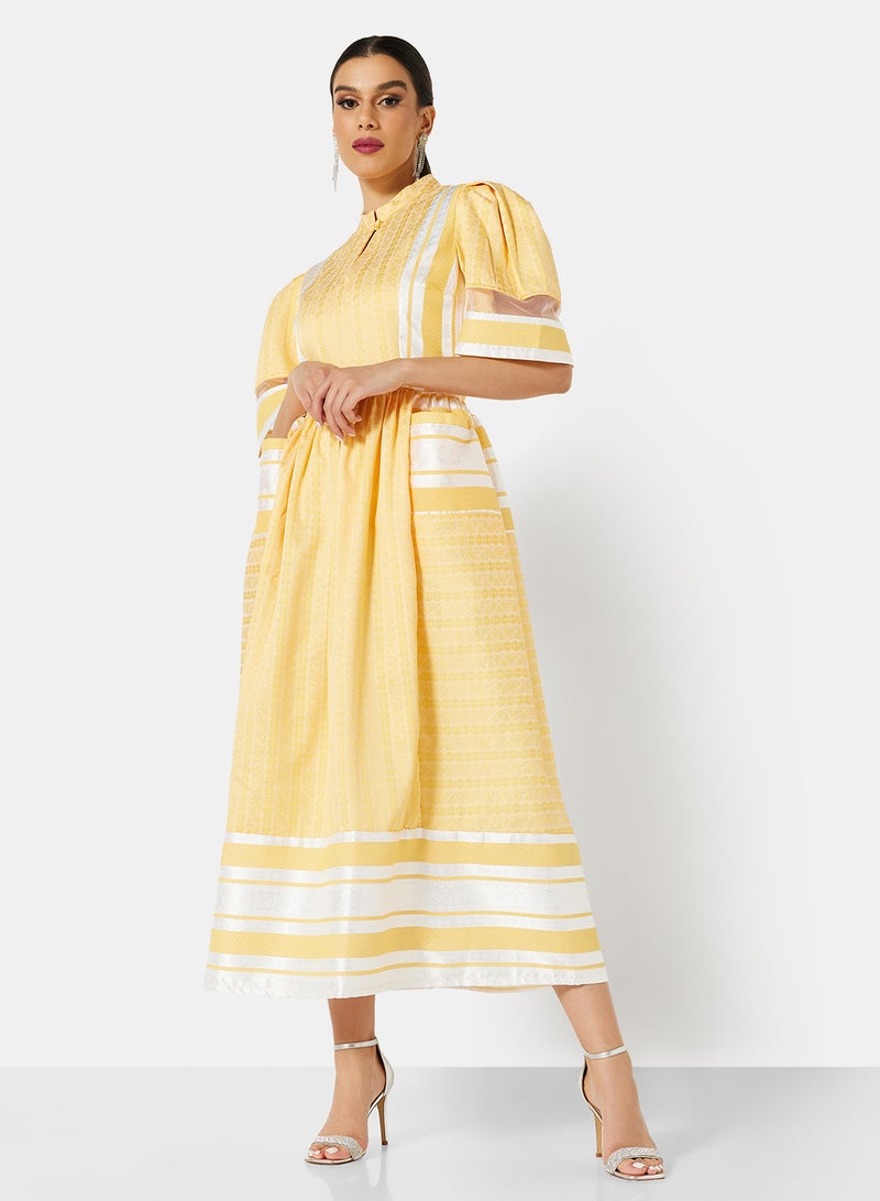 Puff Sleeve Self Fabric Midi Dress Yellow