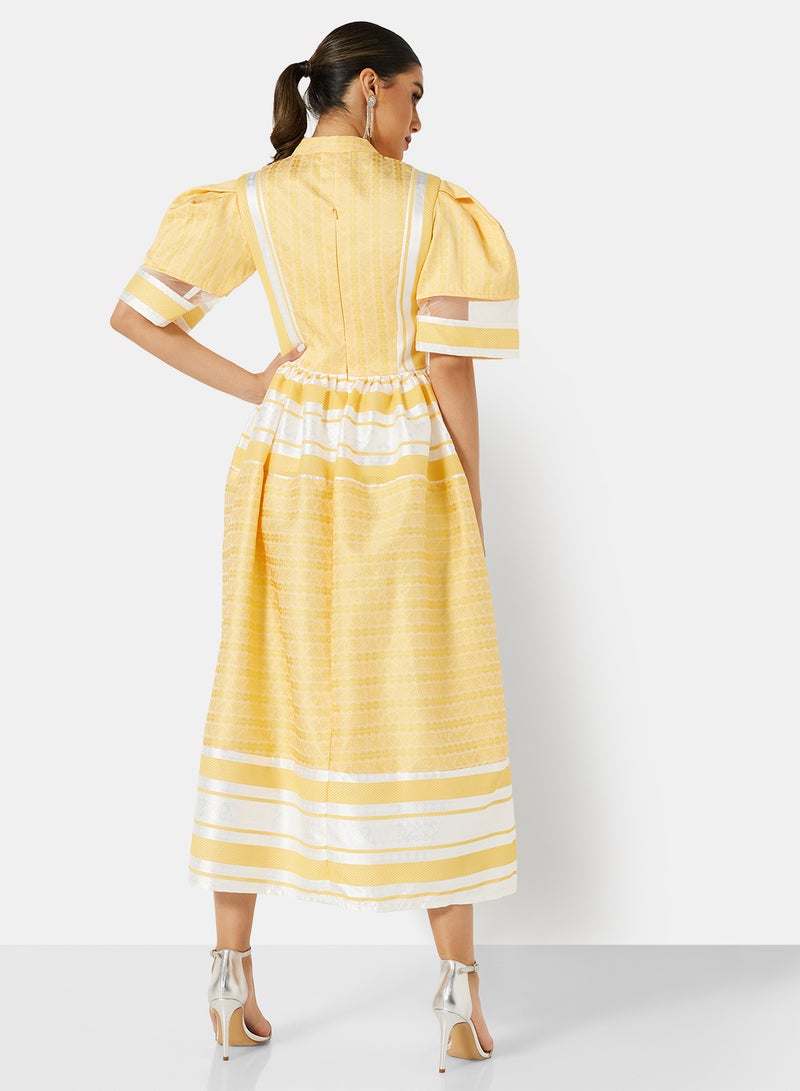 Puff Sleeve Self Fabric Midi Dress Yellow