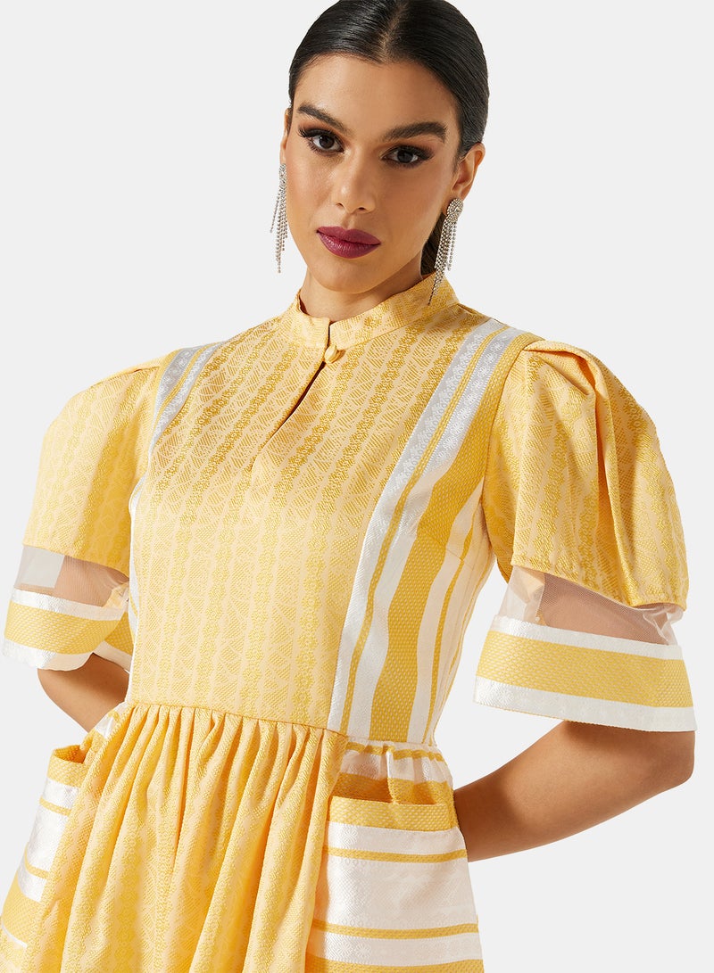 Puff Sleeve Self Fabric Midi Dress Yellow