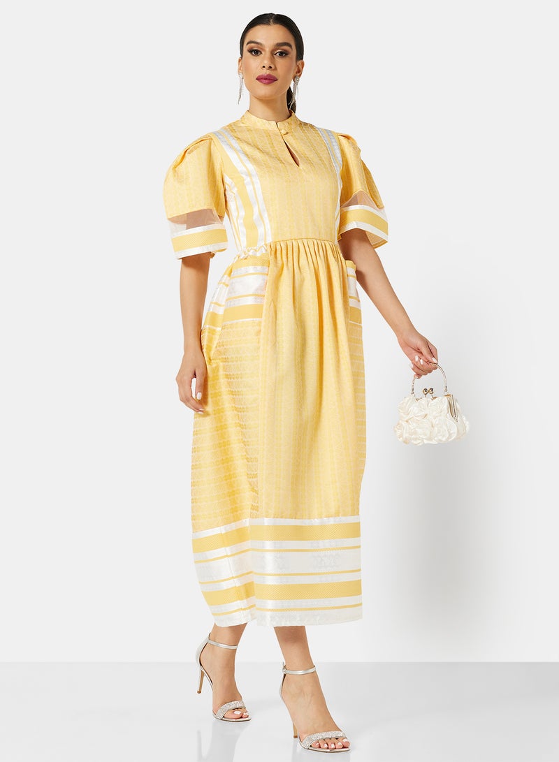 Puff Sleeve Self Fabric Midi Dress Yellow