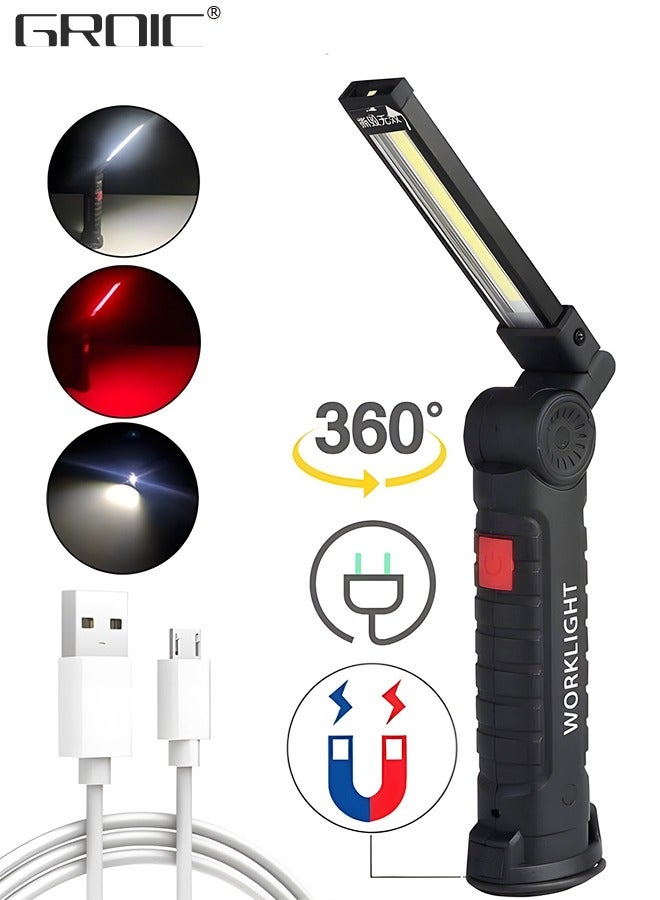 Rechargeable Work Lights, LED Work Light with Magnetic Base & Hanging Hook, 360°Rotate 5 Modes Magnetic Rechargeable Flashlights for Mechanics Car Repair Home