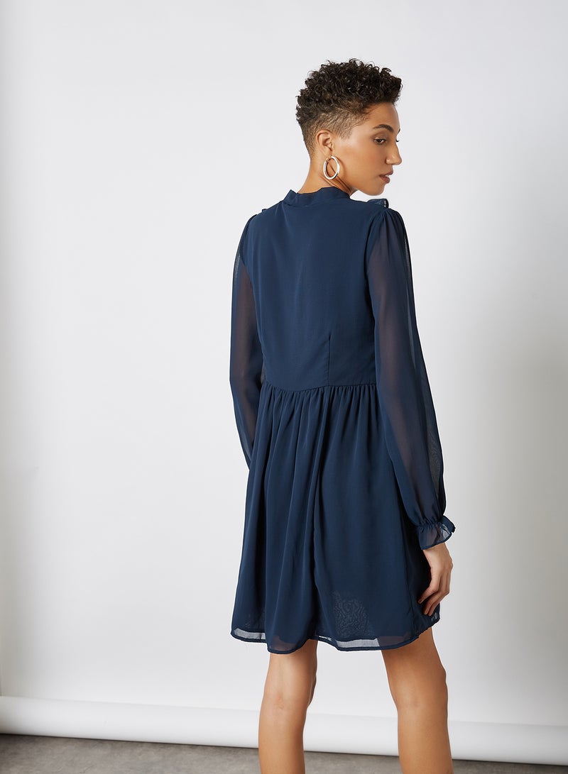 Ruffle Trim Belted Mini Dress Navy