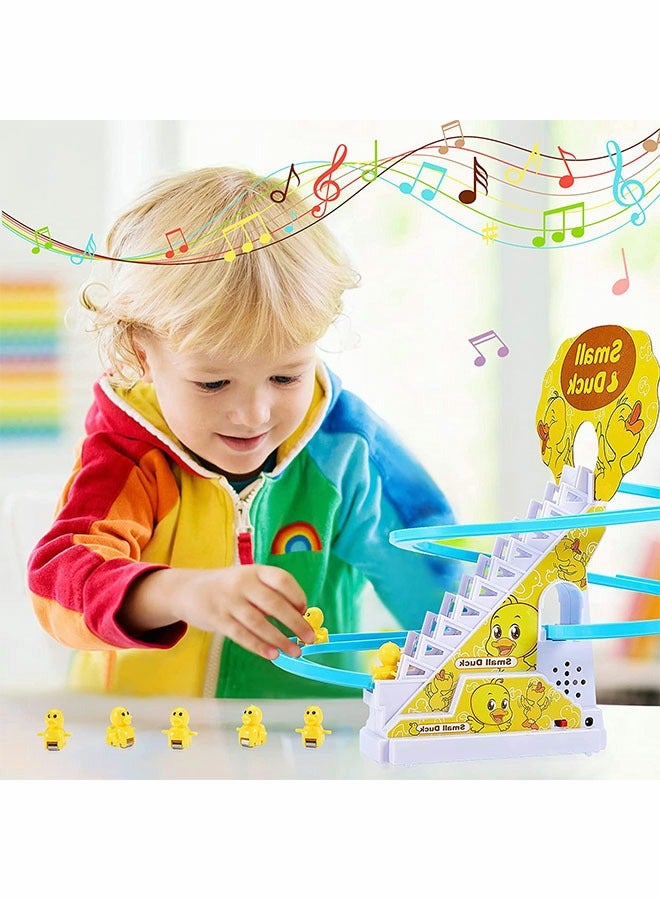 Fun Playful Yellow Duck Race Set with Flashing Lights & Music,Climb Stairs Toy Roller Coaster Toy, Jolly Duck Slide Playset