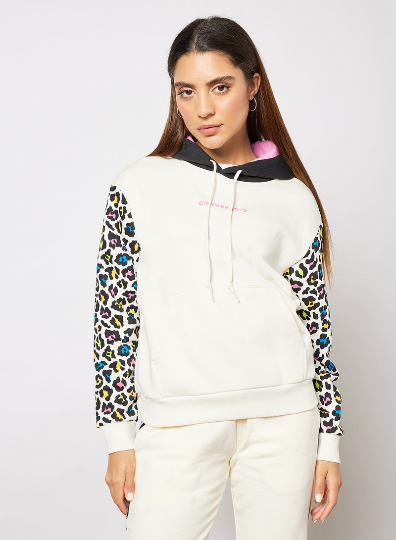 Leopard Sleeve Hoodie Beige