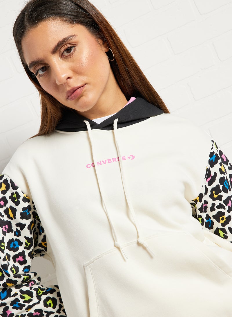 Leopard Sleeve Hoodie Beige