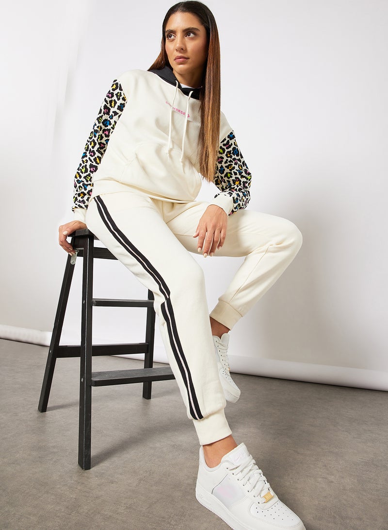 Leopard Sleeve Hoodie Beige