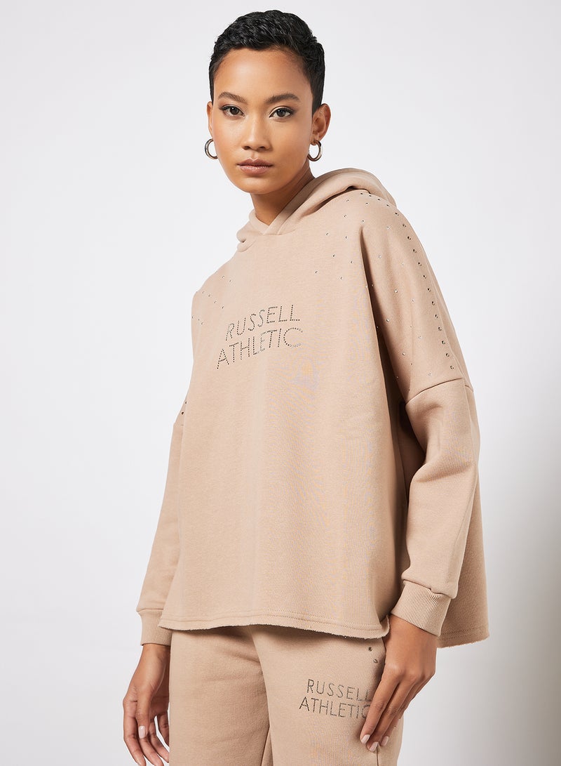 Logo Embellished Hoodie Beige